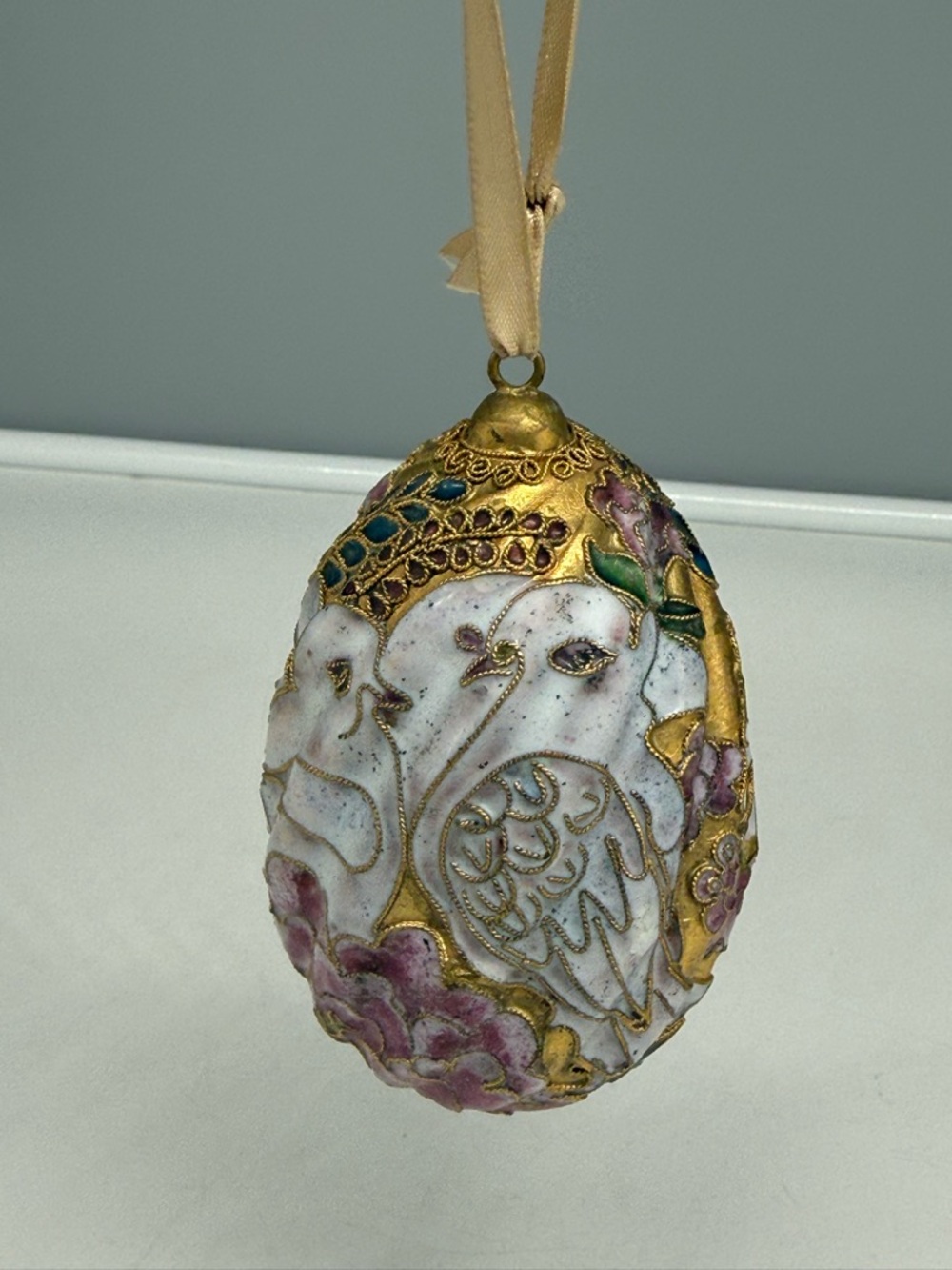 Vintage Cloisonné Like Enameled Egg Gold Tone Accented Doves & Floral